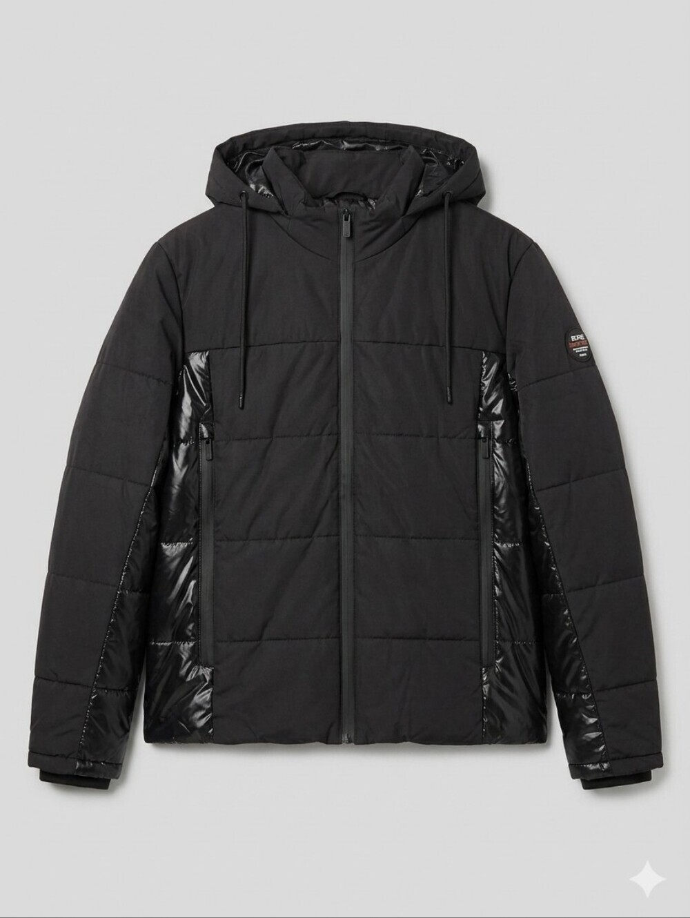 NWOT Being Human Men's Hooded Black Jacket, Size 3XL, Matte and Glossy Puffer